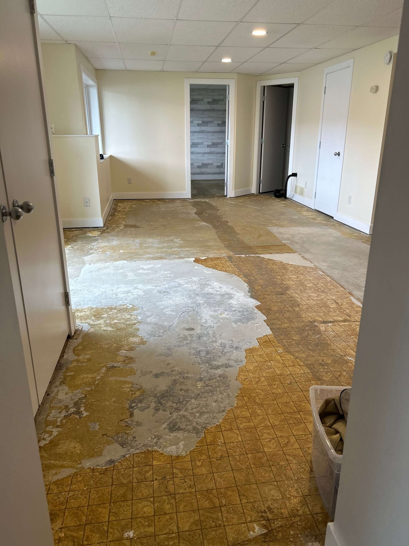 Old flooring and adhesive before coating removal in Kelowna